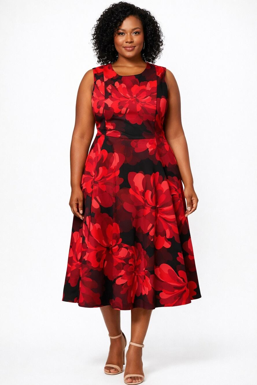 Calvin Klein Sleeveless Floral Scuba Midi Dress Red Womens Size 16W